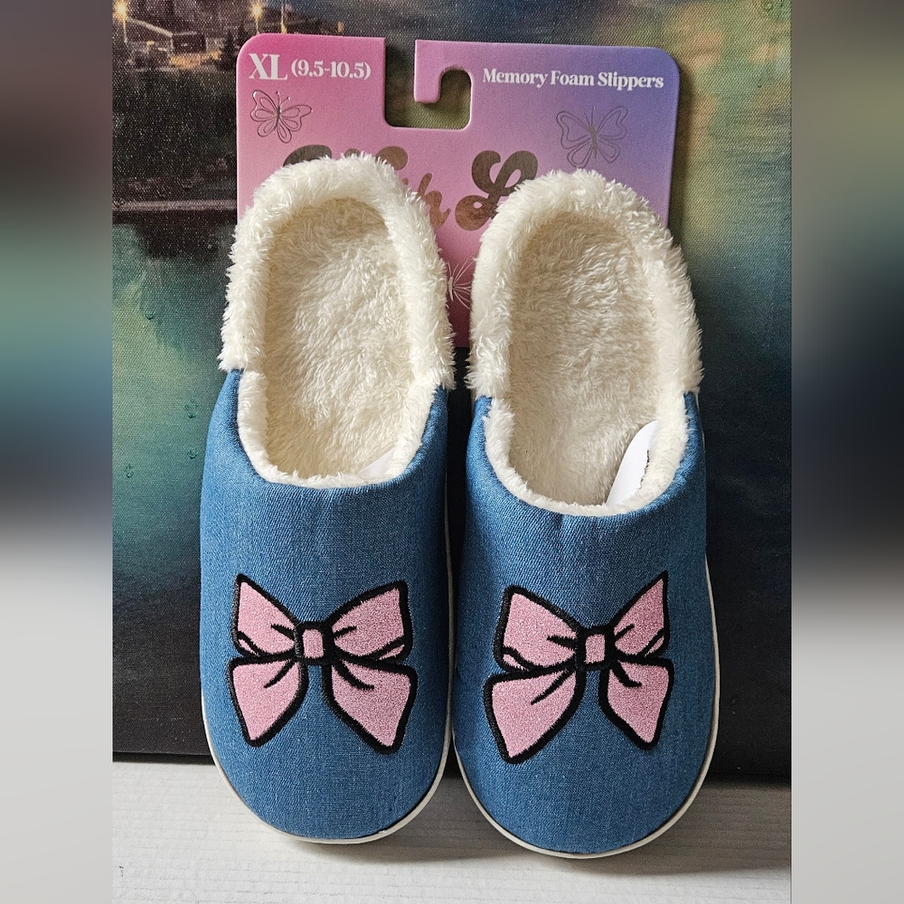Blue and Pink Bow Slippers